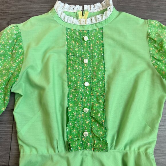 Vintage Handmade Green Floral Ruffle Bodice Mock Neck Midi Prairie Dress Size M - Picture 3 of 8
